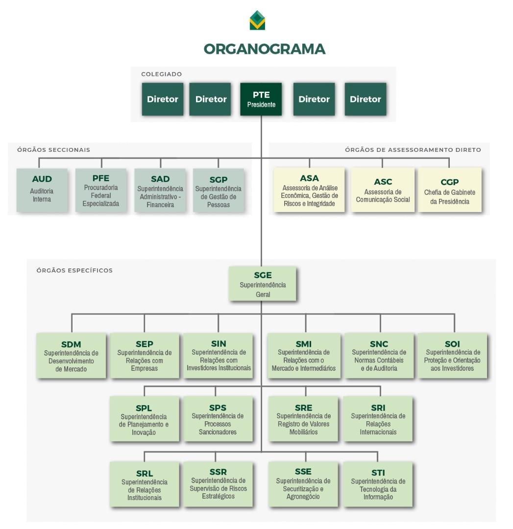 Ilustração do organograma dos membros e atribuições de cada área da CVM.