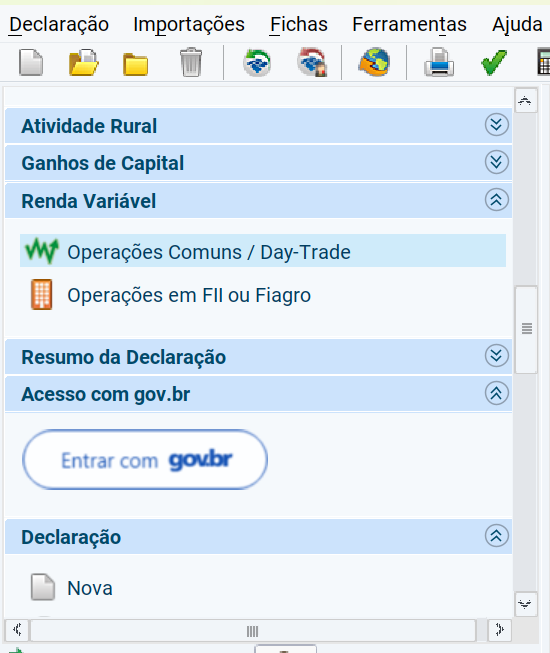 Tela do programa IRPF 2026, no menu de fichas, indicando a ficha de Renda Variável para declarar Day Trade.