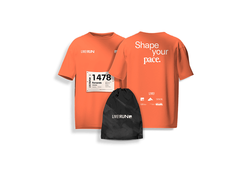 Kit LIVE!RUN: camiseta laranja (frente e costas), com exemplo de número do peito, e sports bag preta com o logo da Live Run XP.